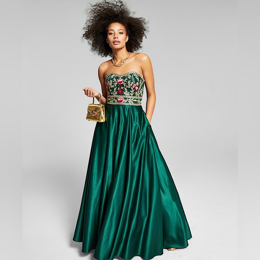 Blondie Nites Juniors' Strapless Embroidered Bodice Floor Length Gown